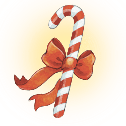 The Magic Candy Cane, a glowing candy cane with a warm coral bow